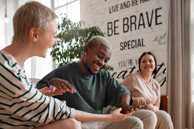 A group of diverse students participating in a mental health awareness campaign, holding signs with positive messages and displaying supportive attitudes towards each other.