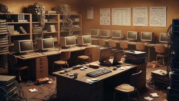 A classroom scene showing outdated equipment in a vocational training program, such as old computers or machinery, highlighting the need for updated resources.
