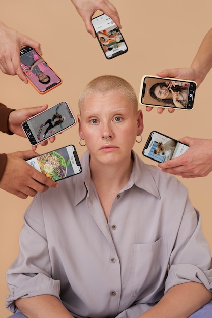 A collage showing various social media interfaces where cyberbullying can occur: Facebook, Instagram, Twitter, and text messaging. Overlaid on each is a shadowy figure representing the anonymous nature of cyberbullying.