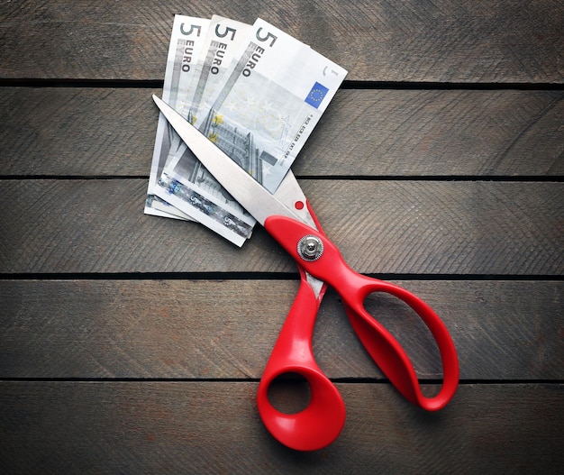 A pair of scissors cutting a credit card in half, symbolizing cutting expenses and debt. A budget spreadsheet is visible in the background.