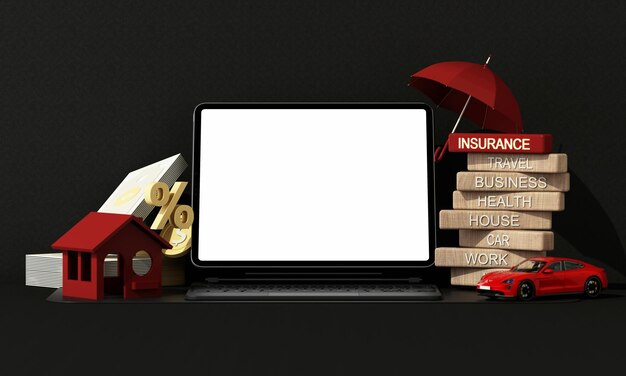A person using a laptop with multiple insurance icons floating around the screen, symbolizing the digital nature of insurance and the need for cybersecurity coverage. The background is a modern, minimalist home office.