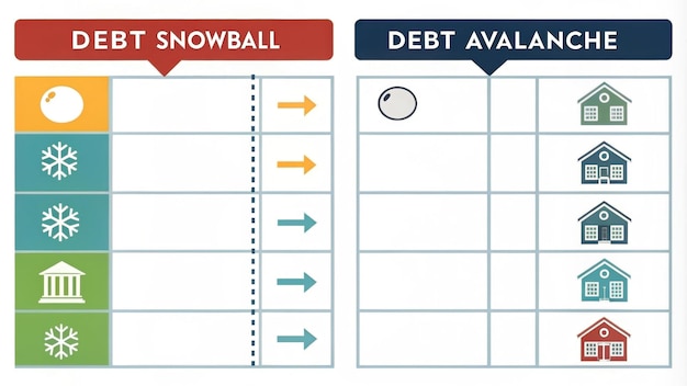 A comparison table showing the pros and cons of different debt management strategies (Debt Snowball, Debt Avalanche, Balance Transfers, Debt Consolidation), with visual icons representing each strategy.