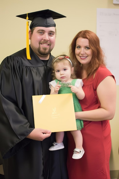 A family is looking at a graduation ceremony from a distance, smiling and feeling proud. They are standing near a college campus, with buildings and students in the background. The image represents the culmination of years of planning and saving for college.