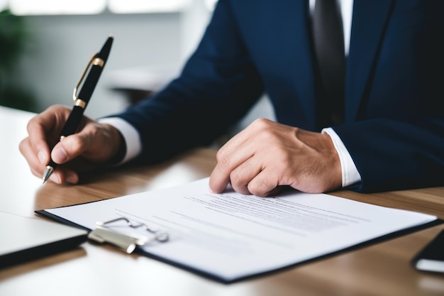 A close-up of a hand signing a legal document with the words 