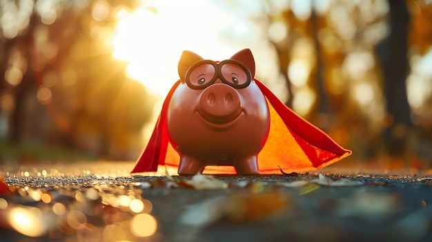 A piggy bank wearing a superhero cape standing confidently on a stack of money. The background is a cityscape at night.
