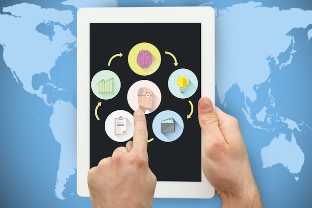 A close-up shot of a hand selecting different benefit options on a digital tablet, symbolizing the process of choosing and customizing employee benefits packages.
