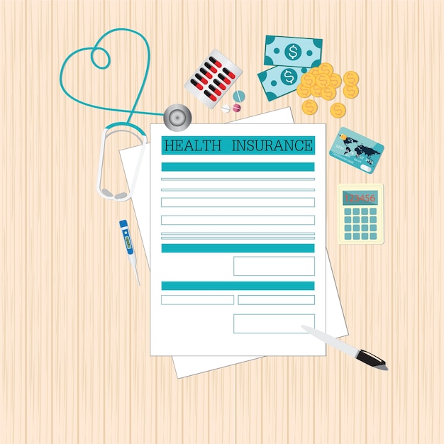 An overhead view of a pile of medical bills and receipts, partially covered by a blue long-term care insurance policy. A stressed hand reaches out to grab the insurance document.