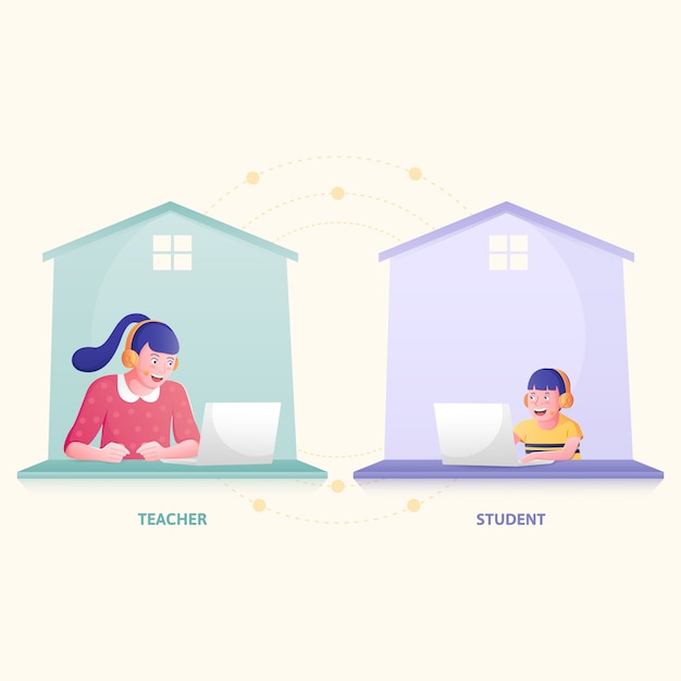 A side-by-side comparison of two classrooms: one traditional and one fully online. The traditional classroom shows students sitting in rows with a teacher at the front, while the online classroom shows students learning remotely through their devices, highlighting the contrast in learning environments.