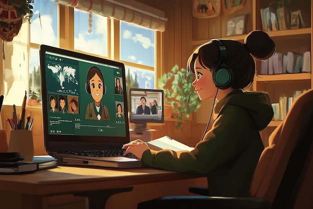 A young student is enthusiastically participating in an online learning session on a tablet, with animated graphics and interactive games displayed on the screen.