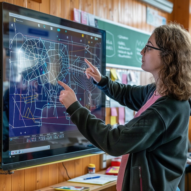 A teacher analyzing a data report generated by AI, which highlights student engagement levels, areas of difficulty, and personalized recommendations for instruction.