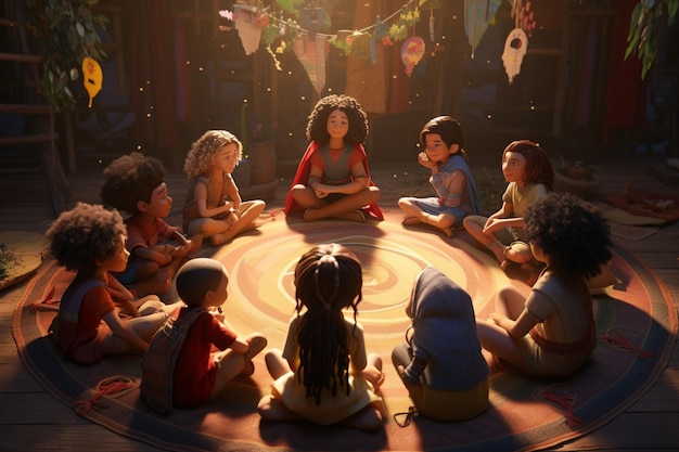 A group of diverse children sitting in a circle during story time. The atmosphere is inclusive and supportive, with a teacher reading aloud and engaging the children in the narrative. The scene represents the bridging of socioeconomic gaps through education.