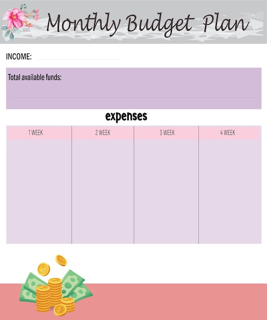 A minimalistic budget planner with sections for income, expenses, and debt repayment. The color scheme is pastel and inviting, suggesting a positive approach to budgeting.