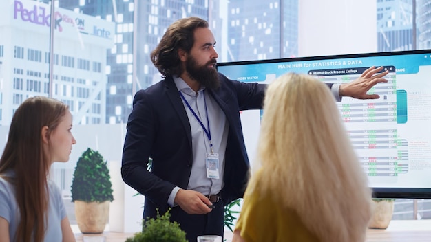 A benefits manager presenting data-driven insights on a large screen to the company's executive team, showcasing potential strategies to reduce costs.