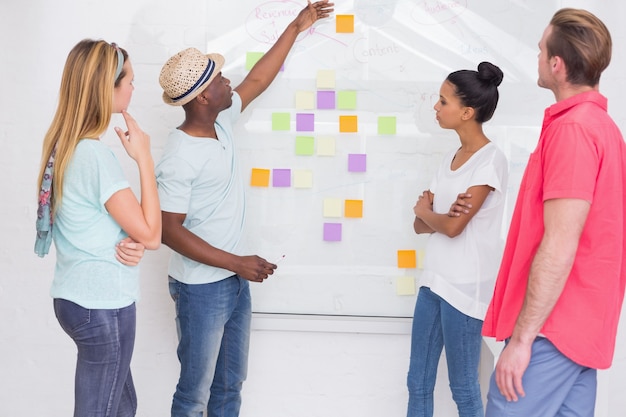 A diverse group of office workers are standing around a board with sticky notes displaying their wellness goals. Some are smiling and pointing at the goals, while others are writing new ones. This represents employee input and collaboration in designing a wellness program.