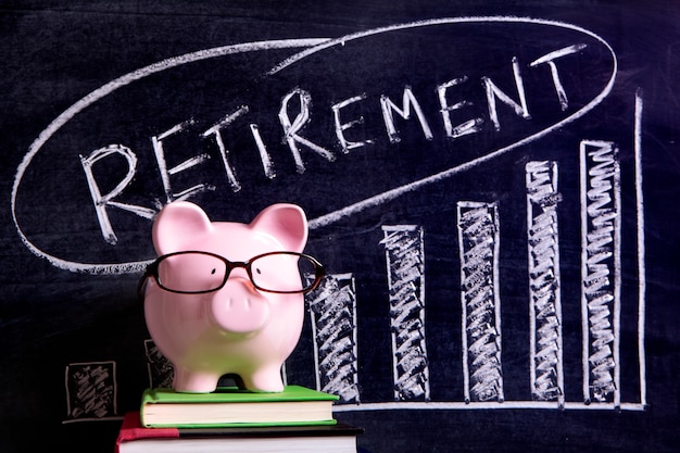 A visual representation of a retirement savings graph, showing different investment options growing over time, with overlaid icons representing tax benefits and financial security during retirement.