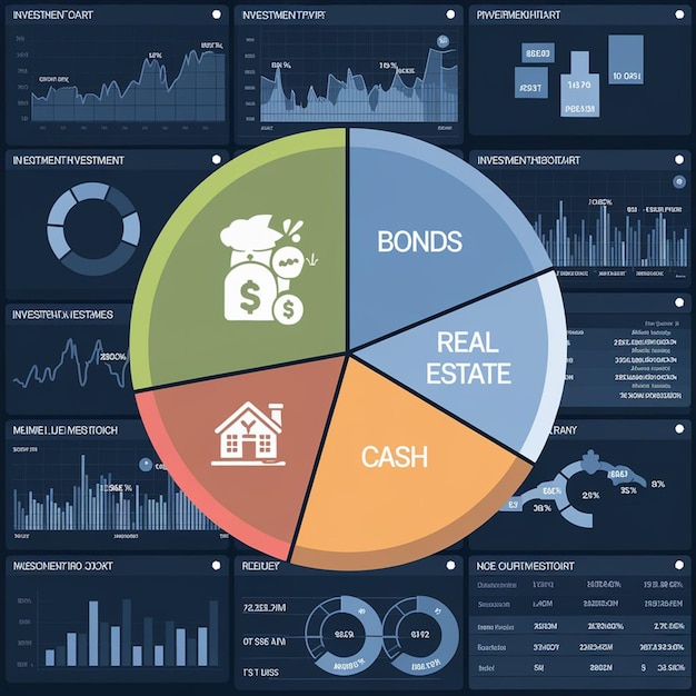 A pie chart showcasing a well-diversified investment portfolio, with sections for stocks, bonds, real estate, commodities, and alternative investments. Each section is labeled with the percentage of the portfolio allocated to that asset class.