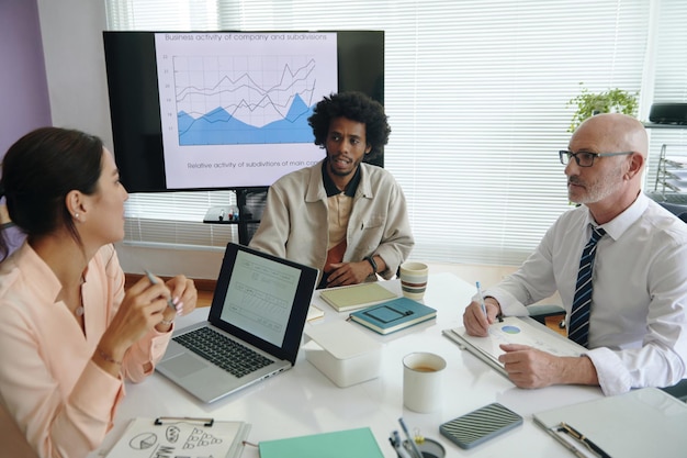 A diverse group of people discussing financial plans around a table, with charts and graphs displayed on a monitor in the background. The scene conveys collaboration, expertise, and data-driven decision-making in financial planning.